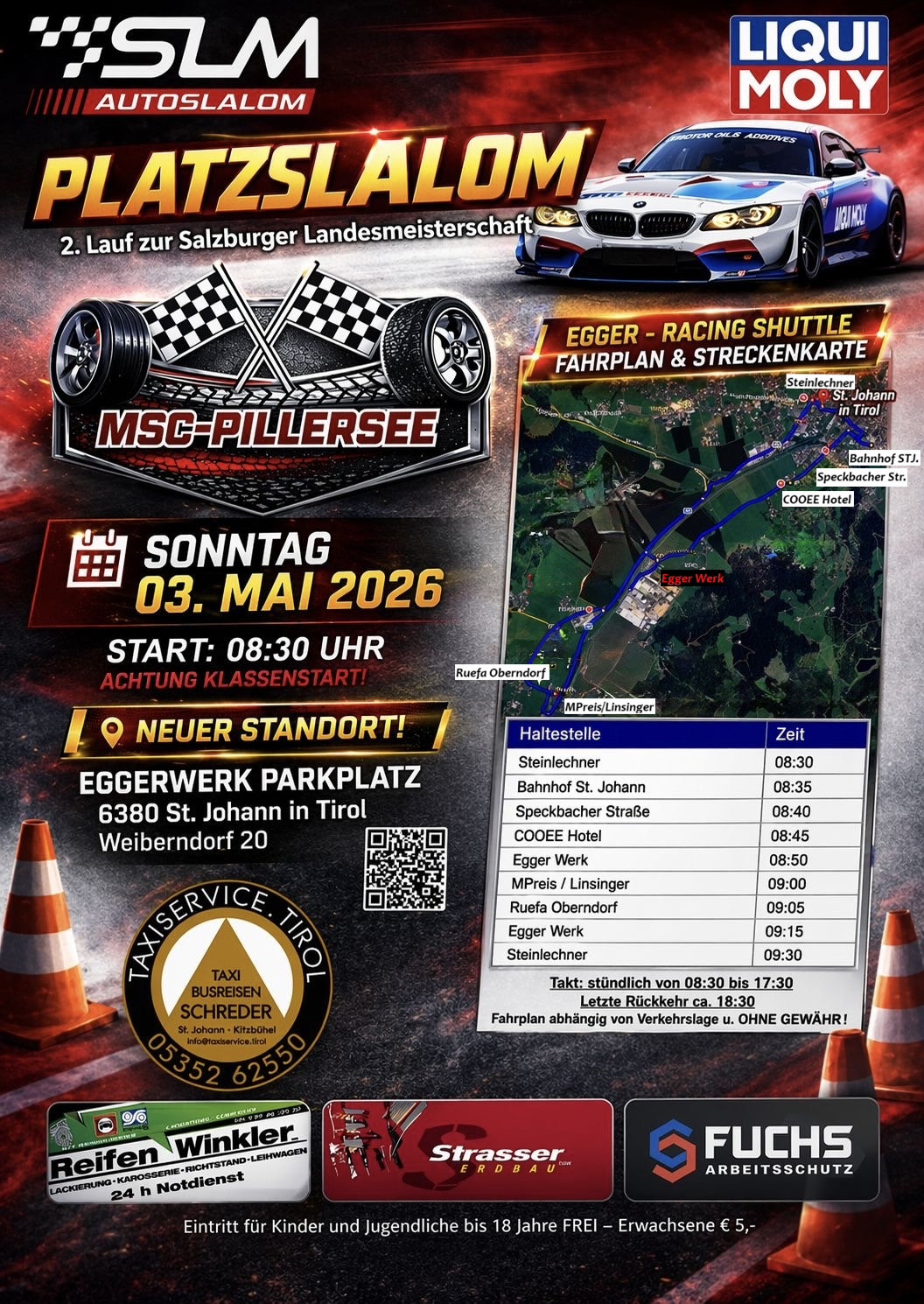 Flyer zum Platzslalom am Egger-Gelände St. Johann am 3. Mai